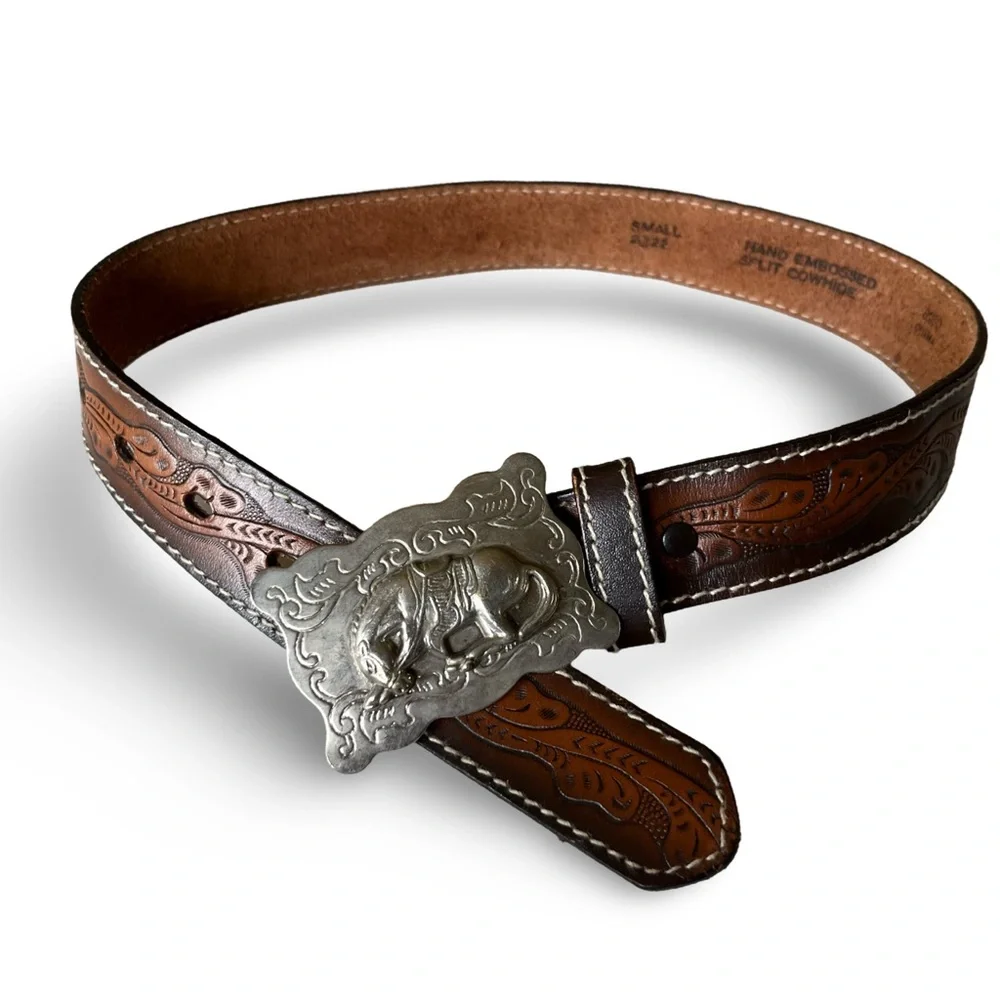 Vintage Tooled Leather Kid’s or Small Adult Belt with Silver Buckle 20” - 22”